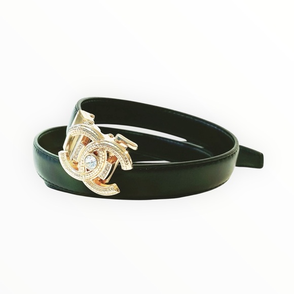 Brand New CC Logo Black Leather Rhinestone Belt - Picture 1 of 4